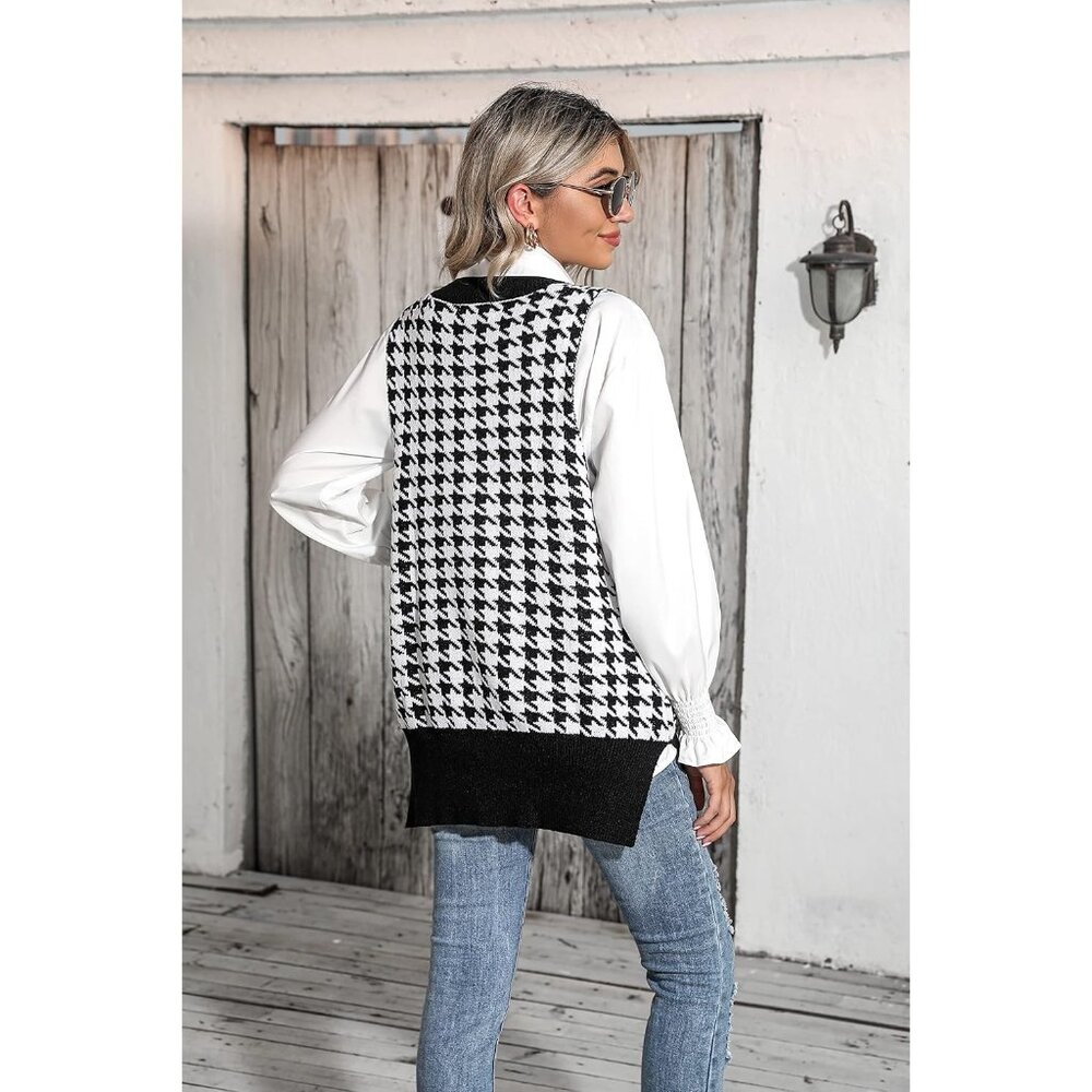 Women Black White Sweater Vest Sleeveless V Neck Oversized Knitted Pullover Fall - Picture 4 of 5